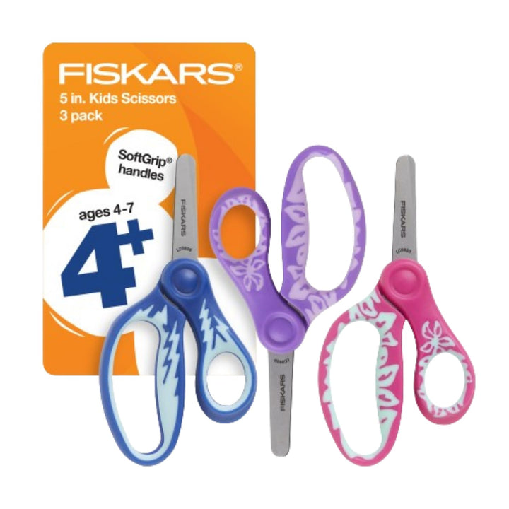 Fiskars 5" SoftGrip Blunt-Tip Scissors for Kids Ages 4-7 (3-Pack) - Scissors for School or Crafting - Back to School Supplies - Blue, Purple, Pink Designs 3 Pack-Blue, Purple, Pink