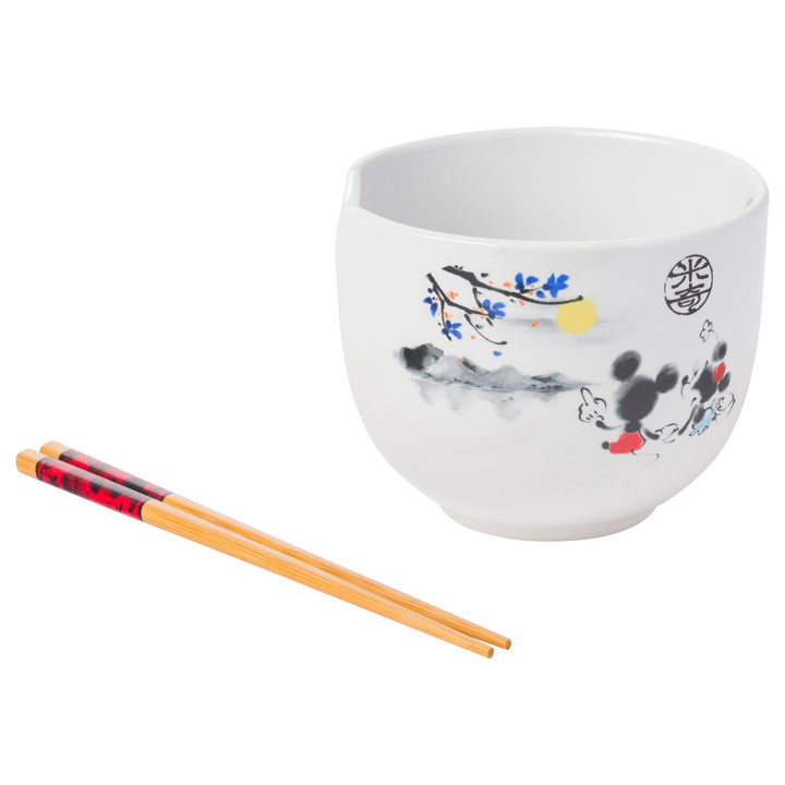 Silver Buffalo Disney Mickey and Minnie Watercolor Watching the Sunset Ceramic Ramen Noodle Rice Bowl with Chopsticks, Microwave Safe, 20 Ounces Cartoon