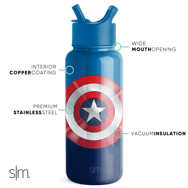 Simple Modern Marvel Water Bottle with Straw Lid Vacuum Insulated Stainless Steel Metal Thermos | Gifts for Women Men Reusable Leak Proof Flask | Summit Collection | 32oz Captain America Shield 32oz Water Bottle Marvel: Captain America Shield