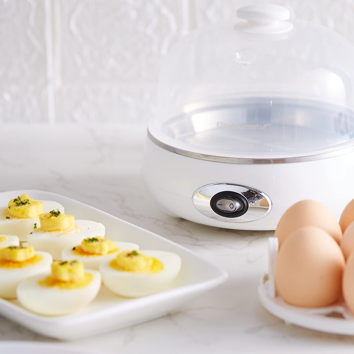 Elite Gourmet EGC322CW Easy Egg Cooker Electric 7-Egg Capacity, Soft, Medium, Hard-Boiled Egg Cooker with Auto Shut-Off, Measuring Cup Included, BPA Free, Classic White