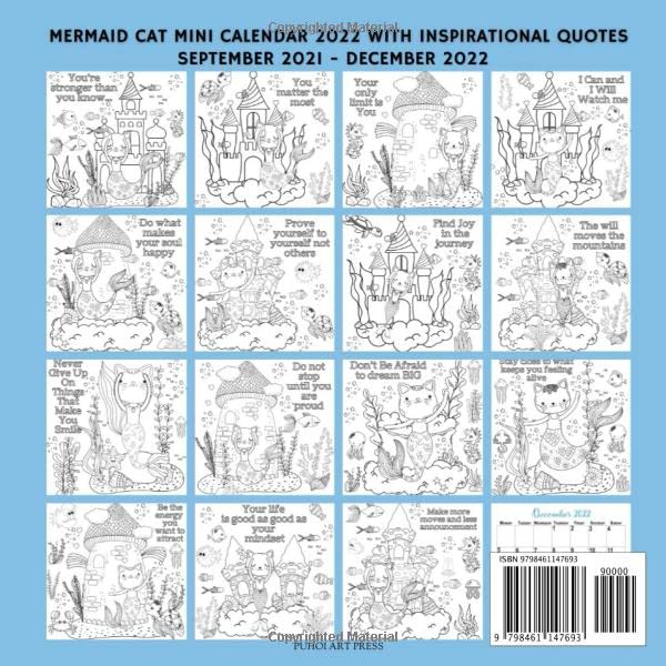 Mermaid Cat Coloring Calendar 2022: September 2021 - December 2022 Mini Calendar Monthly Planner With Inspirational Quotes (Coloring Calendars 2022)