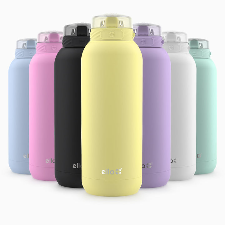 Ello Cooper Stainless Steel Water Bottle with Straw and Carry Handle, Double Walled and Vacuum Insulated Metal, Leak Proof Locking Lid with Soft Silicone Spout, Reusable, BPA Free, 22oz, 32oz, 40oz Lemonade