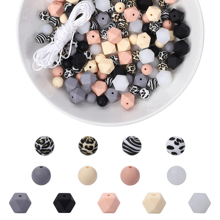 200pcs Silicone Beads Bulk DIY Necklace Bracelet Beads with 5M Rope 100 Pieces 12 mm Round and 100 Pieces Polygonal and Leopard Silicone Beads for Handmade Crafts Jewelry Accessories Keychain Making