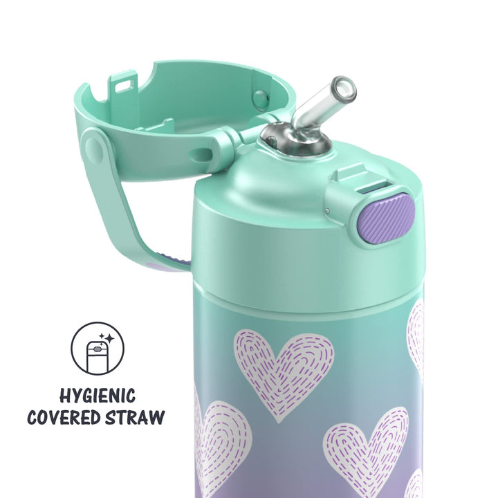 THERMOS FUNTAINER Water Bottle with Straw - 12 Ounce, Purple Hearts - Kids Stainless Steel Vacuum Insulated Water Bottle with Lid FUNTAINER 12 Ounce Bottle