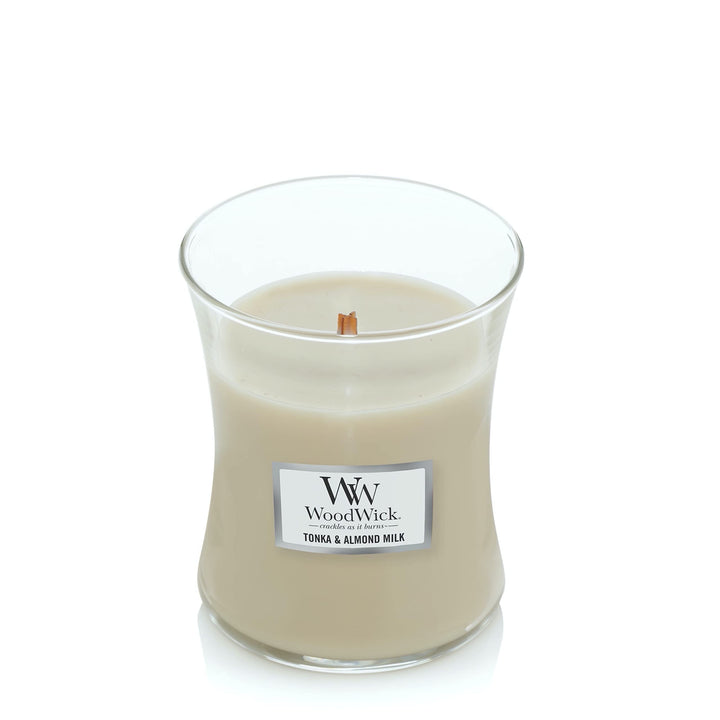 WoodWick Medium Hourglass Candle, Tonka/Almond Milk - Premium Soy Blend Wax, Pluswick Innovation Wood Wick, Made in USA