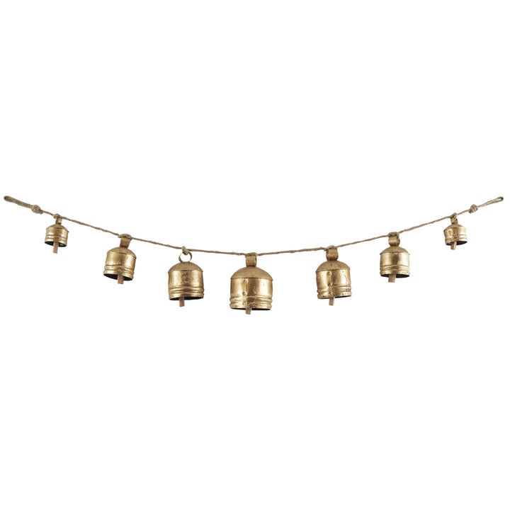 Deco 79 Gold Metal Tibetan Inspired String Hanging Decorative Bells with Jute Hanging Rope 4" x 8" x 52" - Cone 52" x 4" x 8"