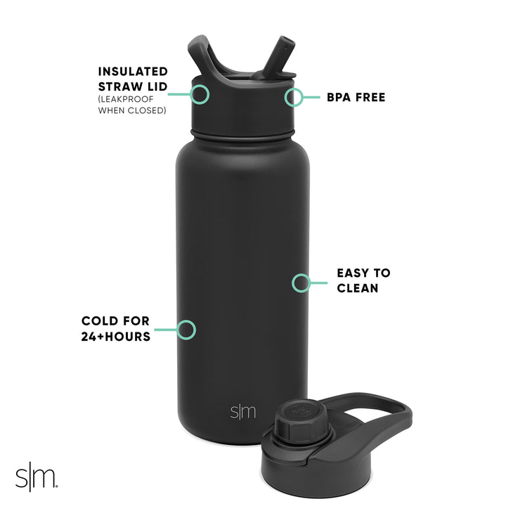 Simple Modern Water Bottle with Straw and Chug Lid Vacuum Insulated Stainless Steel Metal Thermos | Reusable Leak Proof BPA-Free Flask for Sports Gym Summit Collection 32oz, Midnight Black - Midnight Black 32oz (2 Lids)