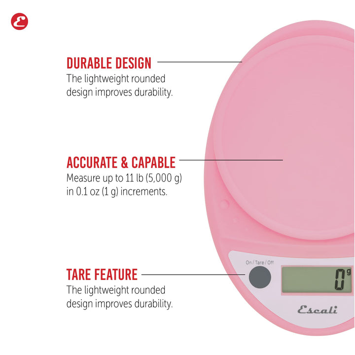 Escali Primo Digital Food Scale Multi-Functional Kitchen Scale and Baking Scale for Precise Weight Measuring and Portion Control, 8.5 x 6 x 1.5 inches, Soft Pink