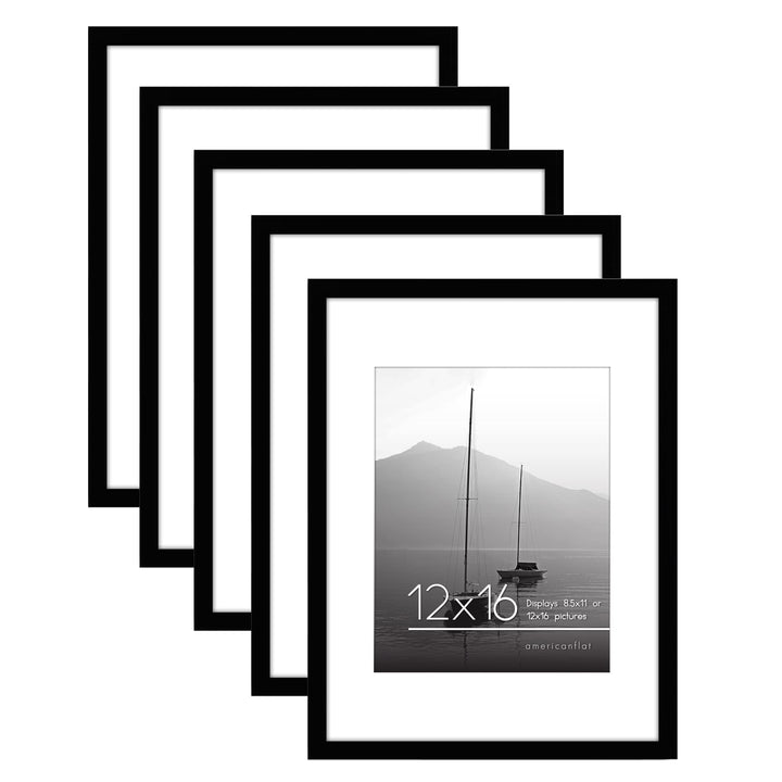 Americanflat 12x16 Picture Frame with Polished Plexiglass - Set of 5 - Use as 8.5x11 Frame with Mat or 12x16 Frame Without Mat - Galleria Collection - Gallery Wall Frame Set for Wall Display - White