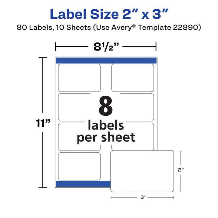 Avery Glossy White Labels with Sure Feed Technology, 2" x 3" Rectangle Labels, Print to The Edge, Laser/Inkjet, 80 Labels (22890) 2" x 3"