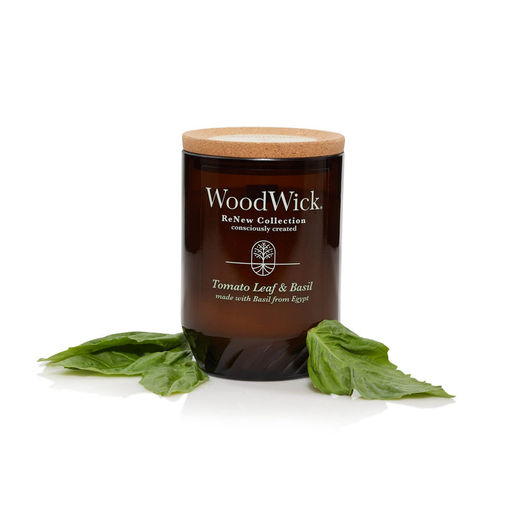 WoodWick® Renew Large Candle, Tomato Leaf & Basil Scented Candles, 13oz, Plant Based Soy Wax Blend, Made with Upcycled Materials and Essential Oils, Up to 75 Hours of Burn Time