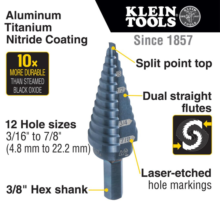 Klein Tools KTSBSPRO Premium 3-Piece Electrician's Step Bit Set with Cutting Oil, Modular Case, 3/8-Inch Hex Shank, Straight Double Fluted Standard 3-Piece Kit