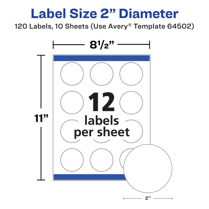 Avery Durable Waterproof Oil-Resistant Film Labels with Sure Feed Technology, 2" Round, Laser/Pigment-Inkjet, 120 Labels (64502)