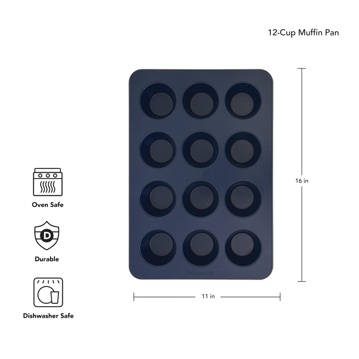 KitchenAid 12-Cup Nonstick Swiss Engineered Aluminized Steel Muffin Pan, Dishwasher Safe, Ink Blue 12 Cup