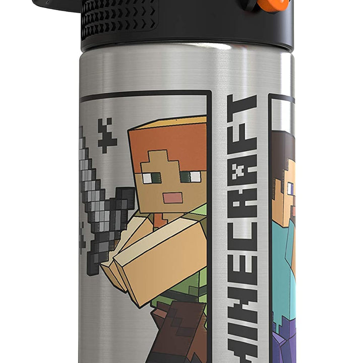 Zak Designs Minecraft - Stainless Steel Water Bottle with One Hand Operation Action Lid and Built-in Carrying Loop, with Straw Spout is Perfect for Kids (15.5 oz, 18/8, BPA-Free)