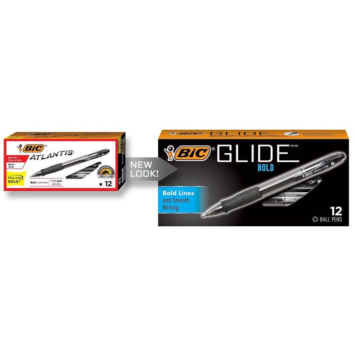 BIC Glide Bold Black Ballpoint Pens, Bold Point (1.6mm), 12-Count Pack, Retractable Ballpoint Pens With Comfortable Full Grip 12 Count (Pack of 1)