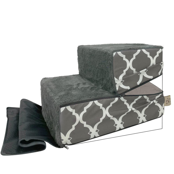 Best Pet Supplies Foldable Pet Stairs Cover for Foam Dog Ramps, Replacement Slip with Non-Slip Step Surface, Plush and Soft Fabric, Provides Paw Traction and Stability - Gray Lattice, 2-Step