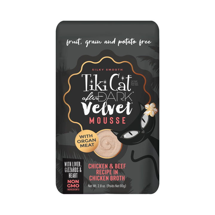 Tiki Cat After Dark, Velvet Mousse, Chicken & Beef Recipe in Chicken Broth, Grain & Potato Free Formula, with High Protein & Nutrient Dense Blended Irresistible Organ Meat, 2.8 oz. Pouch (Pack of 12)