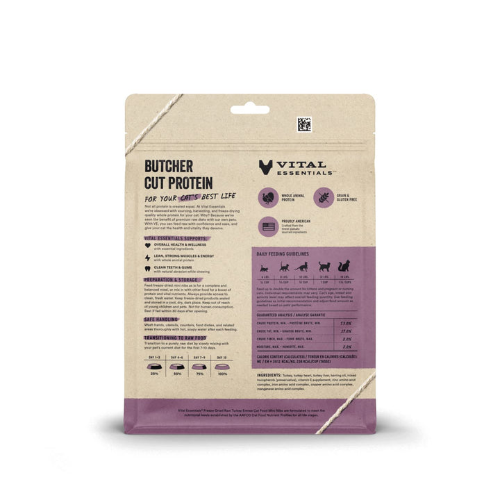 Vital Essentials Freeze Dried Raw Cat Food, Turkey Mini Nibs Entree, 8 oz