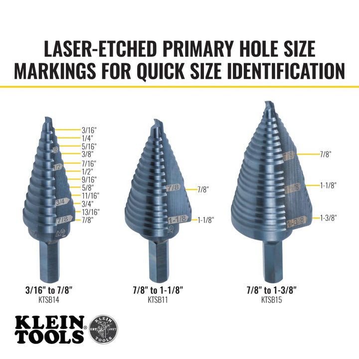 Klein Tools KTSBSPRO Premium 3-Piece Electrician's Step Bit Set with Cutting Oil, Modular Case, 3/8-Inch Hex Shank, Straight Double Fluted Standard 3-Piece Kit