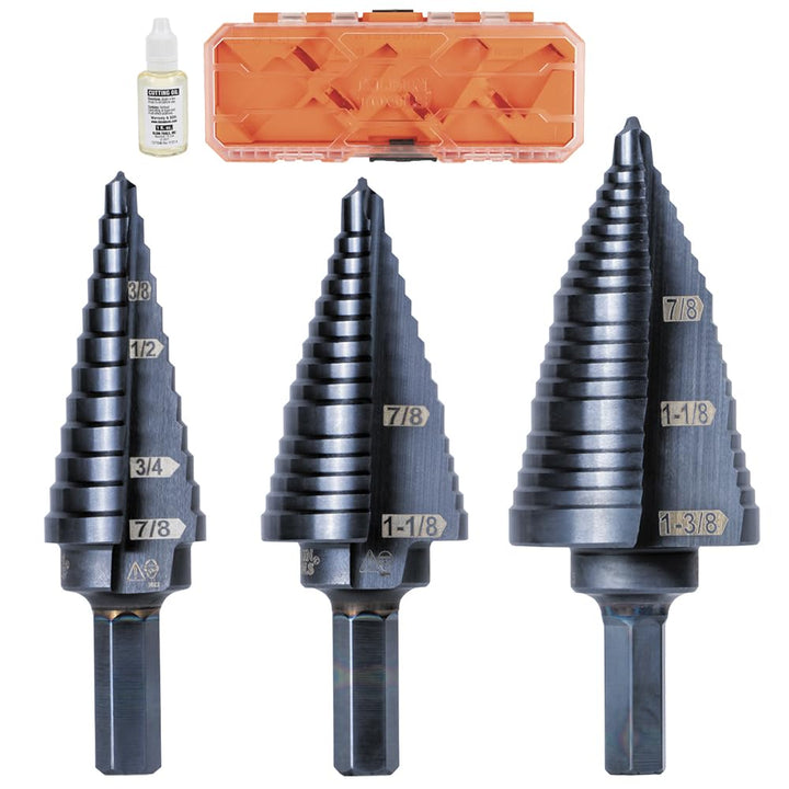 Klein Tools KTSBSPRO Premium 3-Piece Electrician's Step Bit Set with Cutting Oil, Modular Case, 3/8-Inch Hex Shank, Straight Double Fluted Standard 3-Piece Kit