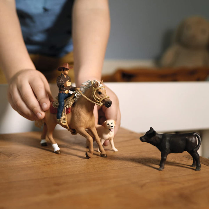 Schleich Farm World Rodeo Calf Adventure Playset - Cowboy Rodeo Rider Figurine with Horse, Cow, and Dog, Realistic Western Rodeo Farm Toys and Accessories, 6-Piece Kids Toy for Boys and Girls