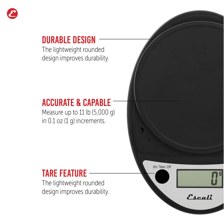 Escali Primo Digital Food Scale Multi-Functional Kitchen Scale and Baking Scale for Precise Weight Measuring and Portion Control, 8.5 x 6 x 1.5 inches, Black