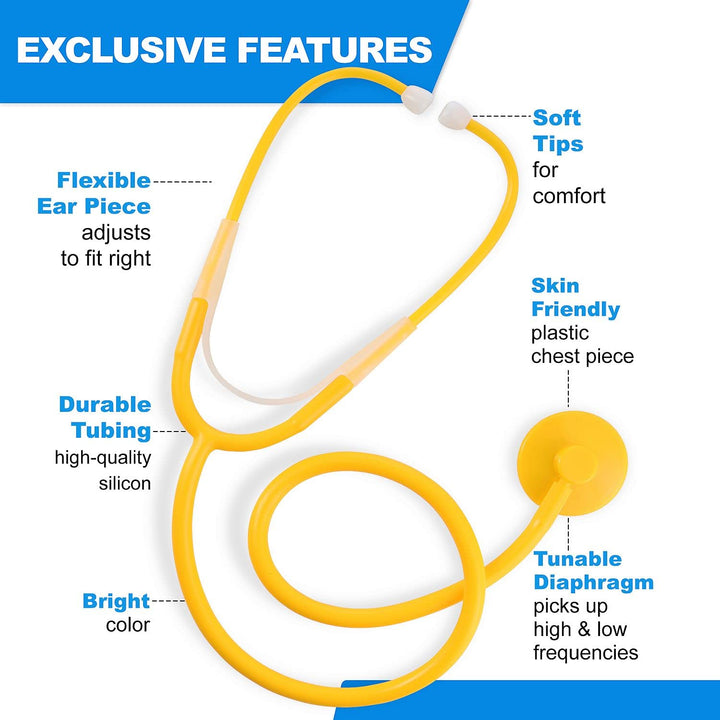 PrimaCare DS-9294 Disposable Stethoscope with Sound Sensitive Chestpiece and 22" PVC Tubing, Yellow, Pack of 10