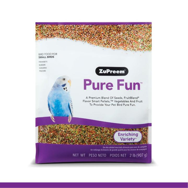 ZuPreem Pure Fun Bird Food, Parakeet, Budgie, Parrotlet, Dove, Seed and Pellet Blend for Small Birds, Food Mixer Topper, Enriching Variety, Made in USA, Bird Seed, Parakeet Food, Budgie Food (S, 2 lb) Pure Fun Seed & Pellet Blend 2 Pound (Pack of 1)