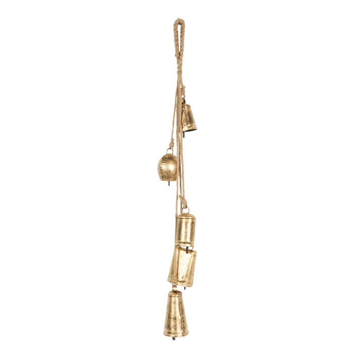 Deco 79 Gold Metal Tibetan Inspired String Hanging Decorative Bells with Jute Hanging Rope 4" x 8" x 52" - Cone 52" x 4" x 8"