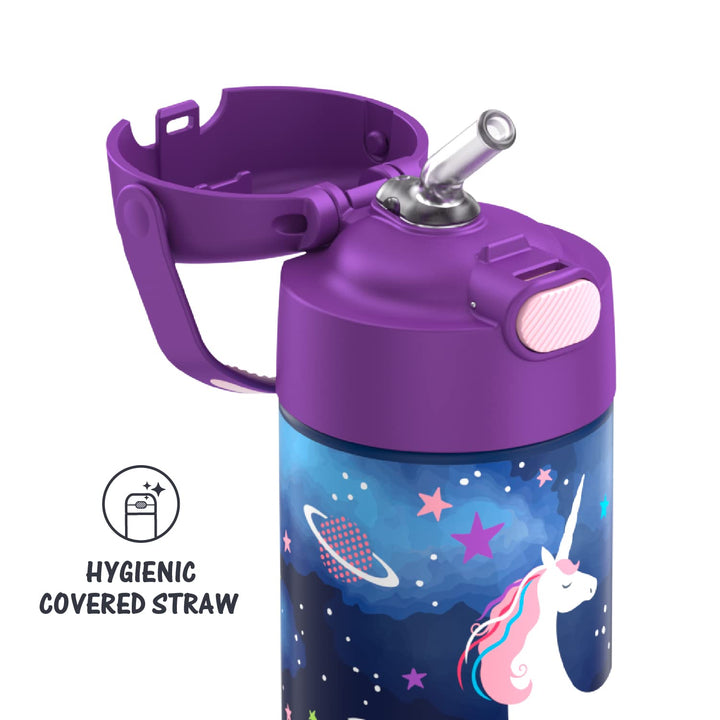 THERMOS FUNTAINER Water Bottle with Straw - 12 Ounce, Space Unicorn - Kids Stainless Steel Vacuum Insulated Water Bottle with Lid FUNTAINER 12 Ounce Bottle