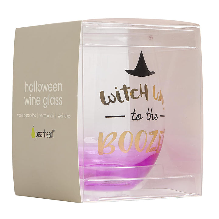 Pearhead Witch Way to the Booze Wine Glass, Fall Holiday Home Accessories, Halloween Stemless Wine Glass, 15 oz