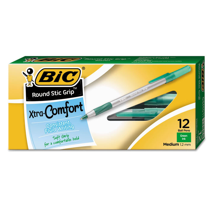 BIC GSMG11-GREEN Round Stic Grip Xtra Comfort Ball Pen, Medium Point (1.2mm), Green, 12-Count