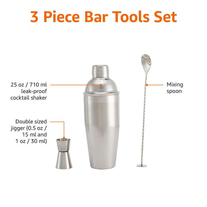 Basics 3-Piece Stainless Steel Bar Tools Set - 24oz Shaker, Mixing Spoon, Jigger