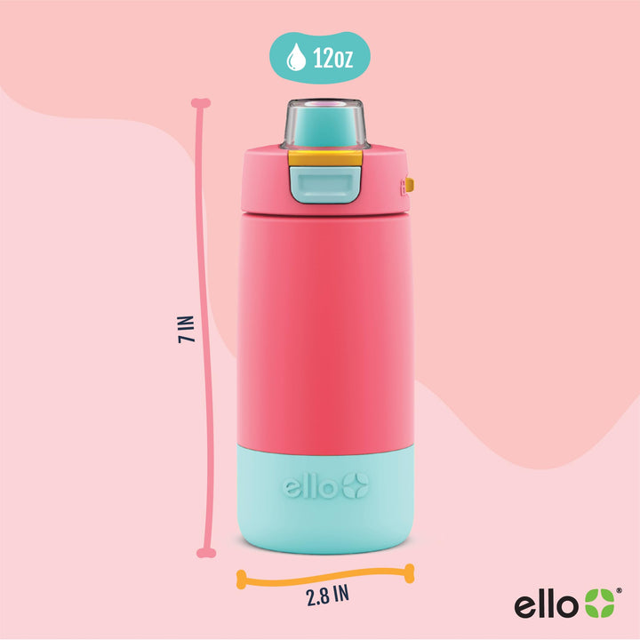 Ello Kids Colby 12oz Stainless Steel Insulated Water Bottle with Straw and Built-In Silicone Coaster Carrying Handle and Leak-Proof Locking Lid for School Backpack, Lunchbox, and Outdoor Sports, Coral