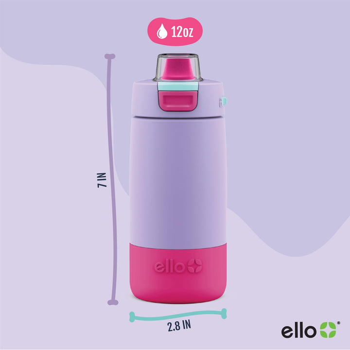 Ello Kids Colby 12oz Stainless Steel Insulated Water Bottle with Straw and Built-In Silicone Coaster Carrying Handle and Leak-Proof Locking Lid for School Backpack, Lunchbox, and Outdoor Sports Lilac/Pink