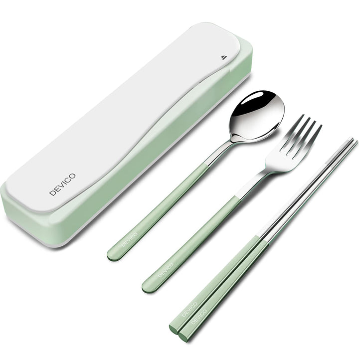 DEVICO Travel Utensils With Case, 18/8 Stainless Steel Camping Utensils, Reusable Portable Silverware Cutlery Set For Lunch Box, Include Fork Spoon Chopsticks -Red