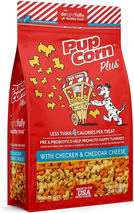 Pup Corn Plus - Puffed Dog Treats with Preiotics and Probiotics - Chicken & Cheddar Cheese, (8oz) 8 Ounce (Pack of 1)