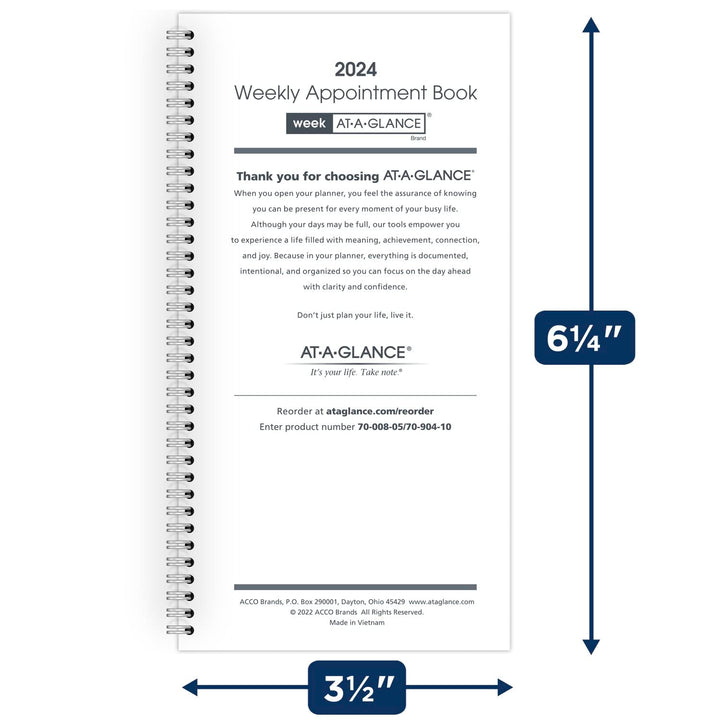 AT-A-GLANCE 2024 Weekly Appointment Book Planner Refill for 70-008, 3-1/4" x 6-1/4", Pocket Size (709041024) 2024 Old Edition