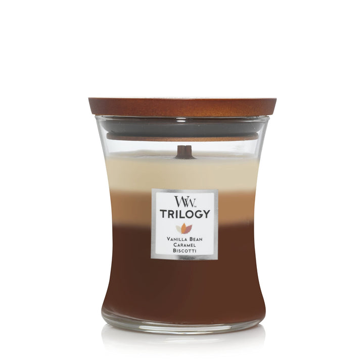 WoodWick Vanilla & Sea Salt Medium Hourglass Candle, 9.7 oz & Café Sweets Medium Hourglass Trilogy Candle, 9.7 oz.