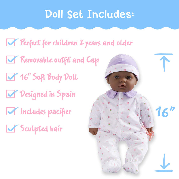 JC Toys African American 16-inch Medium Soft Body Baby Doll La Baby | Washable |Removable Purple Outfit w/ Hat and Pacifier | for Children 12 Months +, 16 inches Purple African American