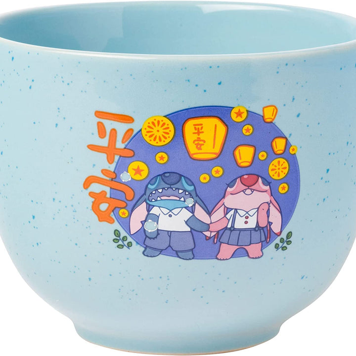 Silver Buffalo Lilo and Stitch Angel Holding Hands Couple Floating Lantern Ceramic Ramen Noodle Rice Bowl with Chopsticks, Microwave Safe, 20 Ounces Lilo and Stitch Floating Lantern Cartoon