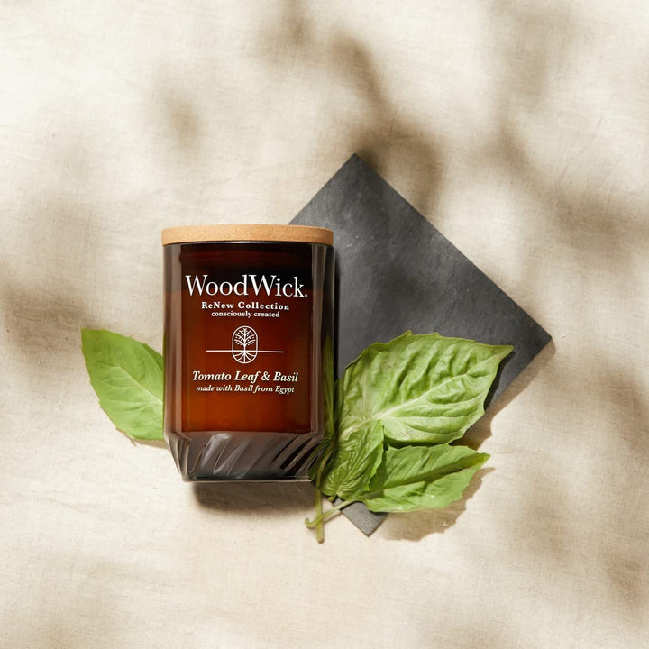 WoodWick® Renew Large Candle, Tomato Leaf & Basil Scented Candles, 13oz, Plant Based Soy Wax Blend, Made with Upcycled Materials and Essential Oils, Up to 75 Hours of Burn Time