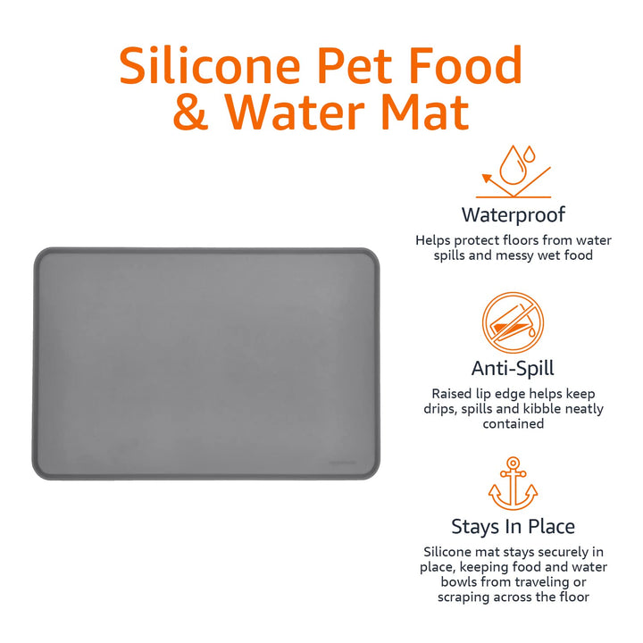 Basics Waterproof Anti-Slip Silicone Pet Food and Water Bowl Mat, 24 x 16 Inches, Gray, Solid