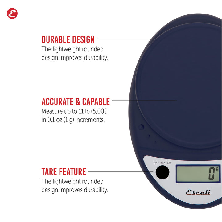 Escali Primo Digital Food Scale Multi-Functional Kitchen Scale and Baking Scale for Precise Weight Measuring and Portion Control, 8.5 x 6 x 1.5 inches, Royal Blue