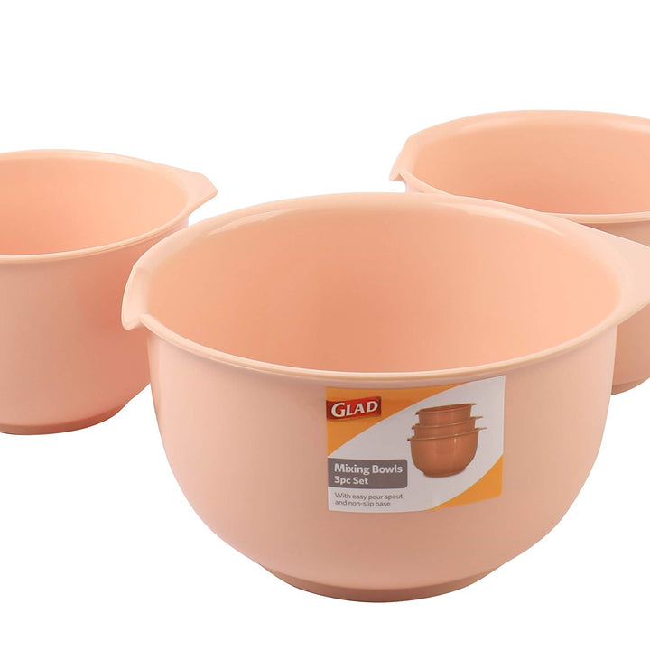 GLAD Mixing Bowls with Pour Spout, Set of 3 | Nesting Design Saves Space | Non-Slip, BPA Free, Dishwasher Safe Plastic | Kitchen Cooking and Baking Supplies, Blush