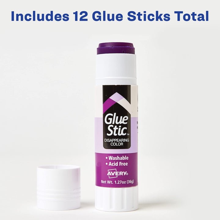 Avery Glue Stic, Disappearing Purple, Washable, Non-Toxic, 1.27oz, 6 Glue Sticks, 2-Pack, 12 Total (10222) 12 pack