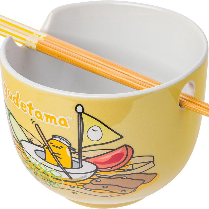 Silver Buffalo Sanrio Gudetama Lazy Egg Sailing In Ramen Ceramic Ramen Noodle Rice Bowl with Chopsticks, Microwave Safe, 20 Ounces Gudetama Swimming Cartoon