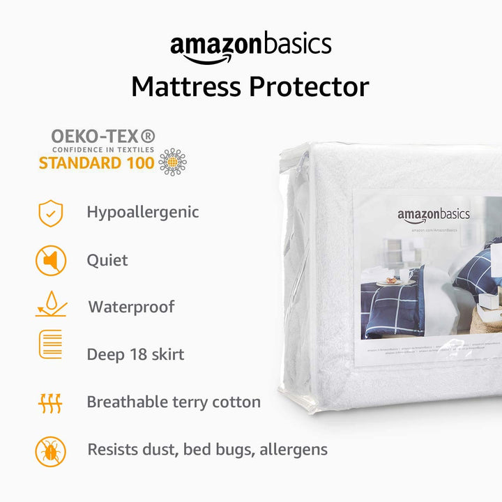 Amazon Basics 14 inch Hypoallergenic Waterproof Fitted Mattress Protector Cover, Twin, White