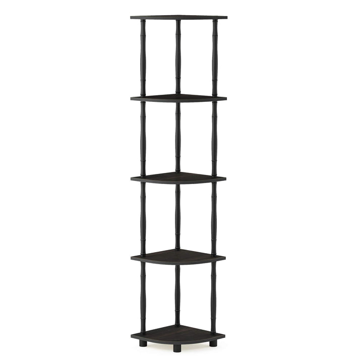 Furinno Turn-N-Tube 4-Tier Corner Display Rack Multipurpose Shelving Unit, Dark Brown Grain/Black 4-Tier Round Tube